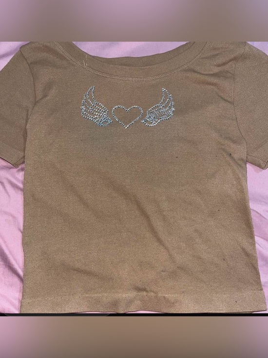 Tops - Girls Brown Rhinestone Wing Heart Short Sleeve Top